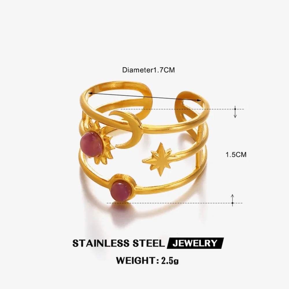 Celestial Sun, Moon& Star Ring with Pink Stones - Picture 6 of 8